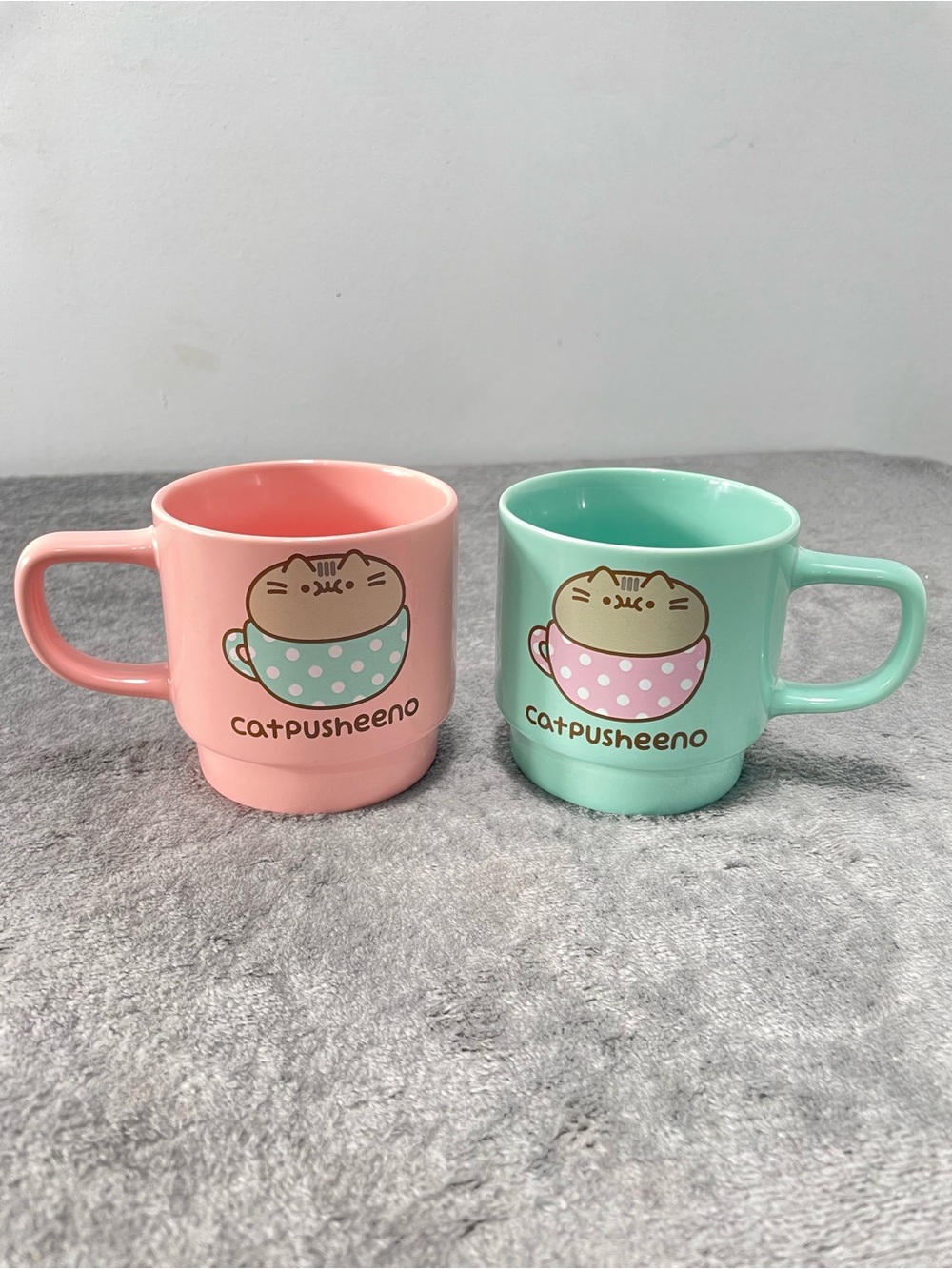 Pusheen The Cat "Catpusheeno" Stackable Mugs Set of 2 Pink & Mint
